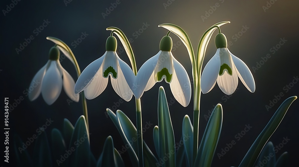 Poster Backlit Snowdrop Flowers with Green Stems Against Dark Background