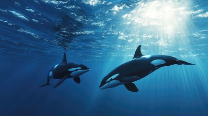 Two majestic orca whales swimming side by side in the ocean, creating a captivating and harmonious underwater scene.