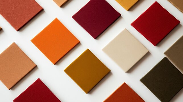 Flat lay of fabric swatches forming a geometric pattern, showcasing a warm and inviting autumnal color scheme. The arrangement and texture of the swatches create a visually appealing composition