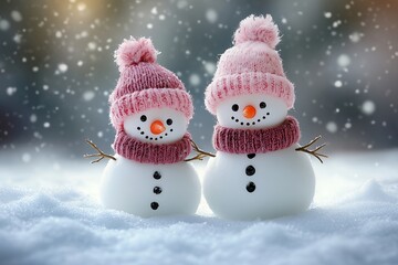 Two little snowmen in hats on the snow in winter
