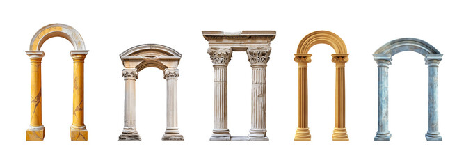 Ancient arched columns featuring decorative elements. Medieval pillar isolated on transparent PNG background. Historical Roman and Greek architectural relics from antiquity.
