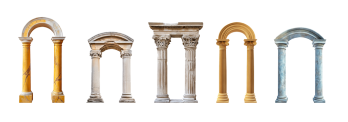 Ancient arched columns featuring decorative elements. Medieval pillar isolated on transparent PNG background. Historical Roman and Greek architectural relics from antiquity.