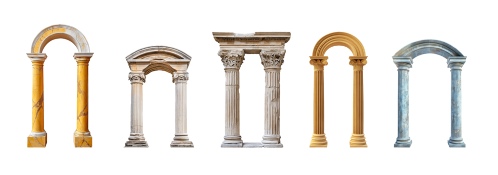 Ancient arched columns featuring decorative elements. Medieval pillar isolated on transparent PNG background. Historical Roman and Greek architectural relics from antiquity.