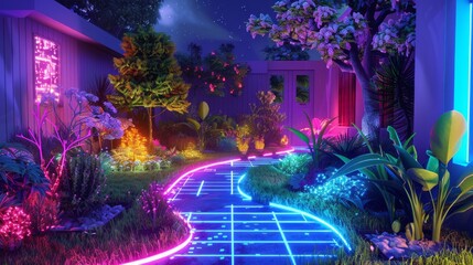 Fototapeta premium retro futuristic front lawn at night, viewed from a top-down perspective.