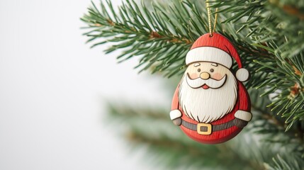 Close-up of a wooden santa claus ornament hanging on a christmas tree branch, against a white background with copy space