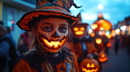 Naklejka premium Spooky Delights Small Town Halloween Parade with Homemade Costumes and Themed Floats