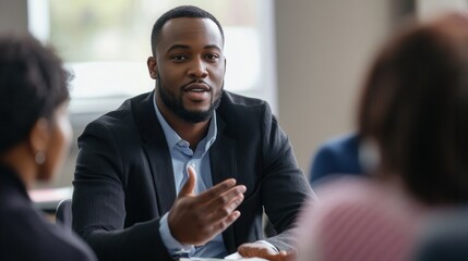 Black community leader facilitating a dynamic group discussion with open dialogue and innovative solutions