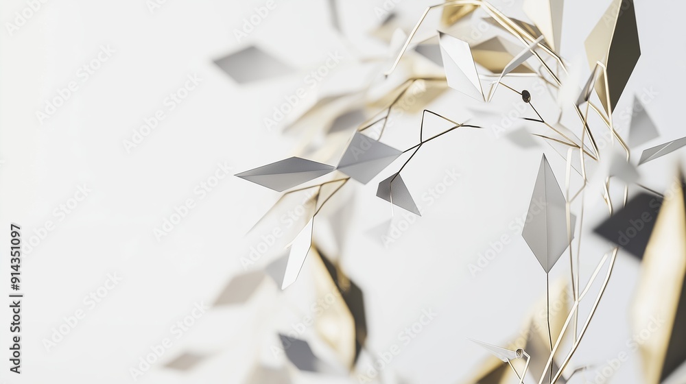 Poster golden branches are supporting abstract geometric paper shapes, creating an interesting pattern with