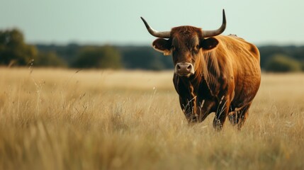 Strong bull standing in a grassy paddock on a farm