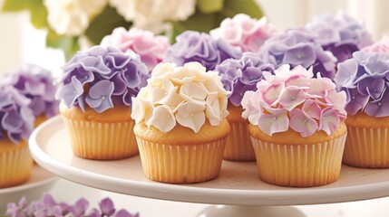 Display of beautifully decorated cupcakes topped with delicate hydrangea flower icing