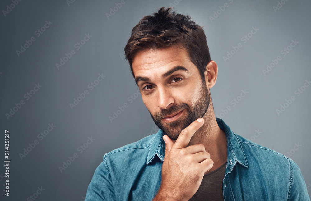 Poster Thinking, business man and portrait with pride for problem solving, project ideas and brainstorming reflection. Planning, employee and happy with solution or contemplation on studio background