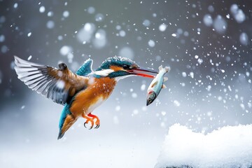 A Kingfisher Soaring with a Fish in Its Beak Against a Snowfall Background