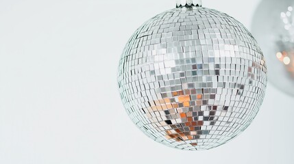 Classic disco ball is hanging, reflecting light onto a white background. Perfect for party, celebration, or entertainment-themed designs