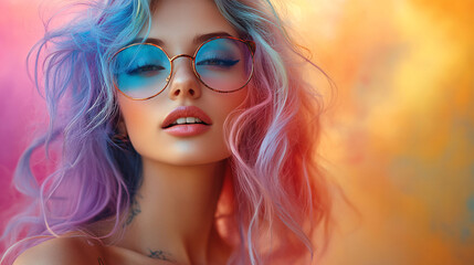 Fototapeta premium Joyful Young Woman with Colorful Hair Dancing in Vibrant Setting - Copy Space Available for Text and Design Elements