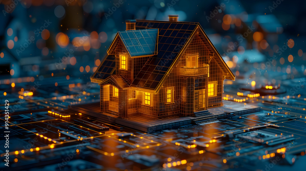 Poster a wireframe model of a house sits atop a glowing circuit board.