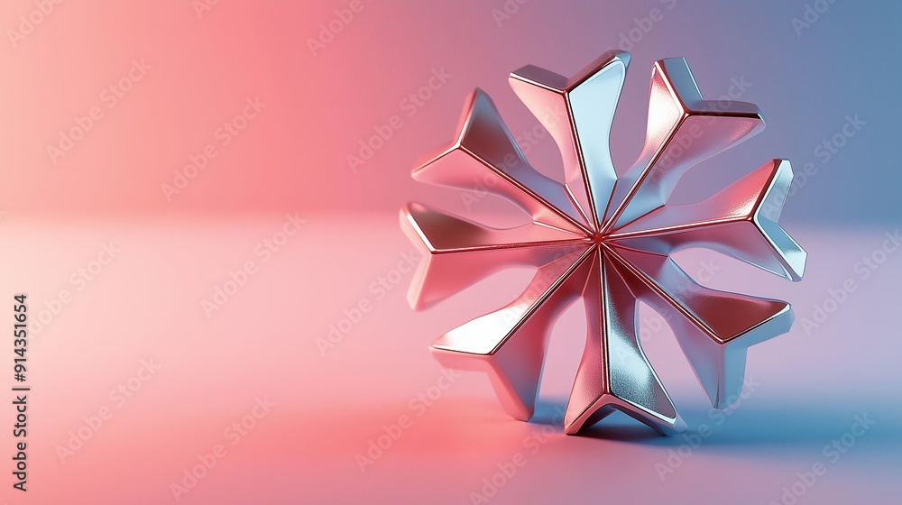 Poster shiny silver abstract object casts a shadow on a pink and blue background, creating a captivating co