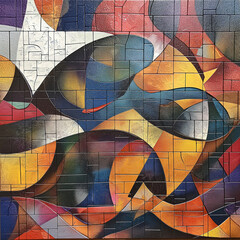 Fototapeta premium This image showcases a vibrant, abstract painting characterized by a series of dynamic, interlocking shapes and colors. The artwork features a mosaic-like pattern with blocks of various sizes creating