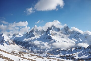 Snowy mountains at sun day. Caucasus Mountains. View from ski resort Dombay.
