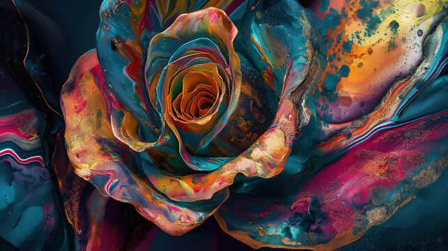 **
An artistic close-up of a flower that appears to be a rose, with an abstract and intricate design combining vibrant and contrasting colors. The petals of the rose are depicted in hues of teal, oran