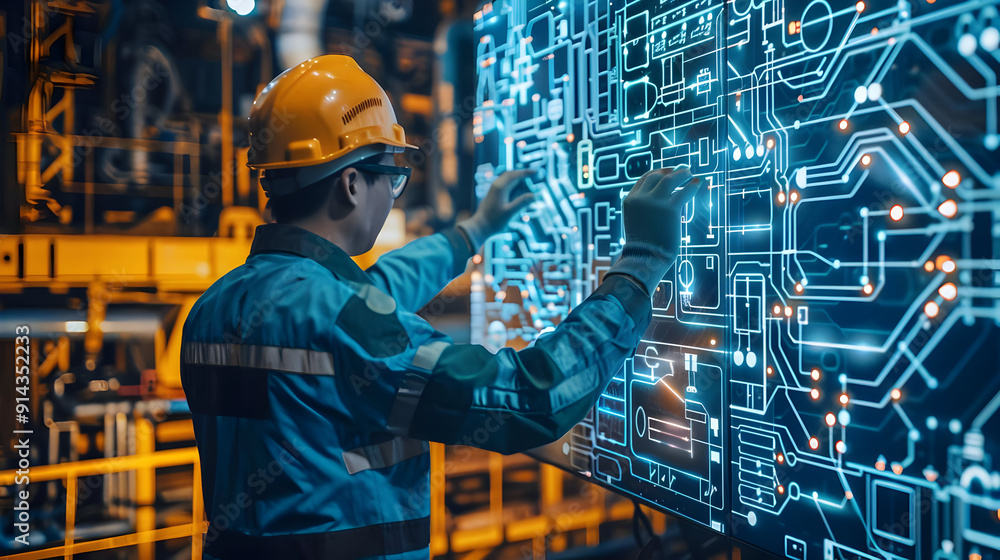 Poster a worker in a hardhat and safety glasses interacts with a large digital screen displaying a complex 