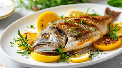 Plated cooked dorado fish garnished with lemon slices and fresh herbs