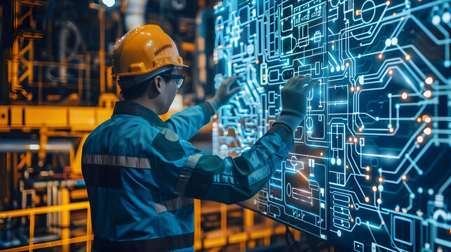 A worker in a hardhat and safety glasses interacts with a large digital screen displaying a complex circuit diagram.