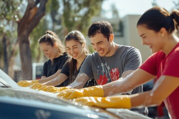 Group of Friends in Bright Yellow Gloves Washing a Car on a Sunny Day Outdoors