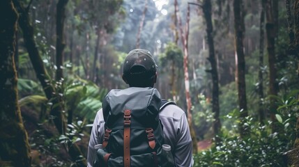 Obraz premium Adventure Seeker Hiking Through Lush Green Forest Surrounded by Tall Trees and Misty Atmosphere