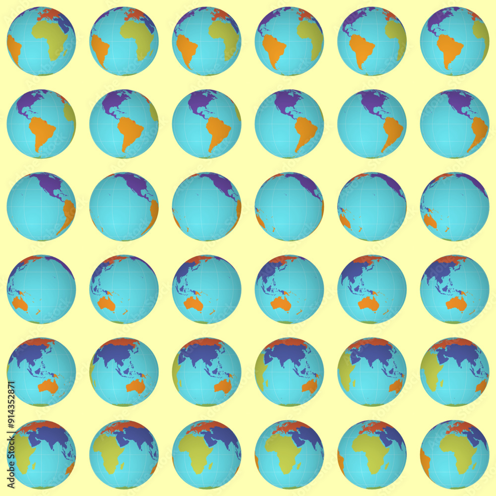 Poster collection of planet globes. normal sphere view. rotation step 10 degrees. colored continents style.