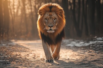 Majestic Lion Walking Towards the Camera in a Forest