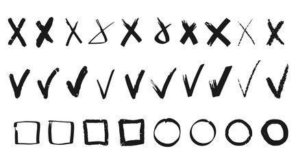 Set of hand-drawn vector brushes of different shapes and types. Check marks, crosses, circles and squares. Strokes, dabs and swirls. Collection of strokes for emphasis, highlighting, voting, choosing