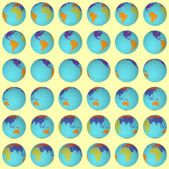 Collection of planet globes. Normal sphere view. Rotation step 10 degrees. Colored continents style. World map with graticule lines on luminous background. Authentic vector illustration.