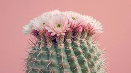 Mammillaria cactus, highlighting its distinctive spines and flowers against a neutral background