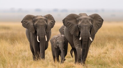 Obraz premium Elephant Family Walking Through Savannah.