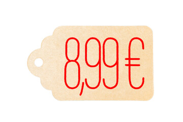 A price tag for 8,99 euros made of cardboard.