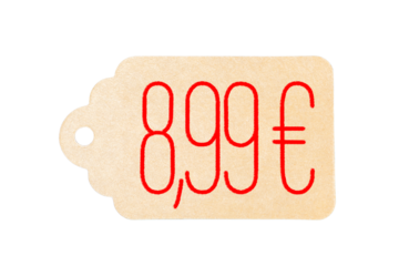 A price tag for 8,99 euros made of cardboard.