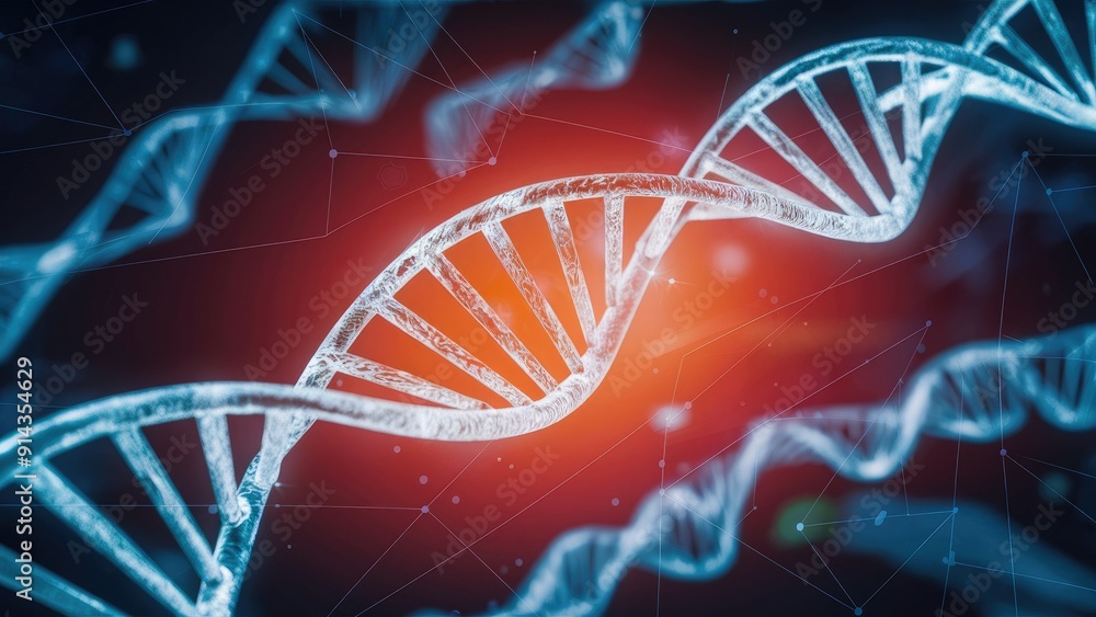 Poster futuristic abstract illustration of a shiny dna molecule on a digital network background with copy s