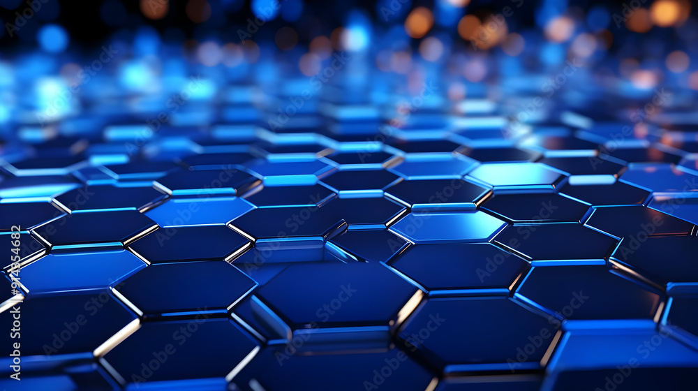 Wall mural Abstract blue hexagonal background with a blurred bokeh effect.