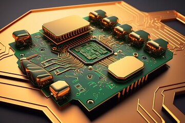 Close-up of a golden circuit board with a green chip.
