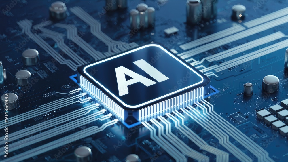 Poster abstract background featuring a 3d ai chip on a digital circuit board representing cuttingedge artif