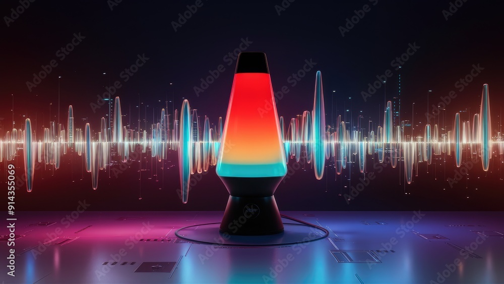 Poster holographic gradient lava lamp inspired frequency curve art background