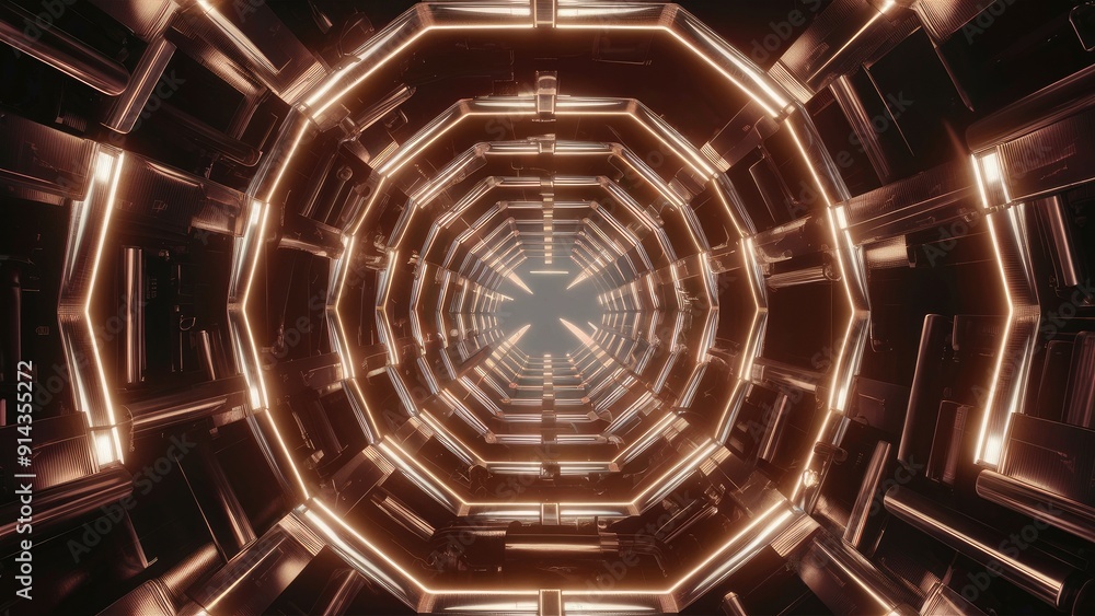 Poster 3d metallic tunnel with flashing lights and octagonal design in dark space