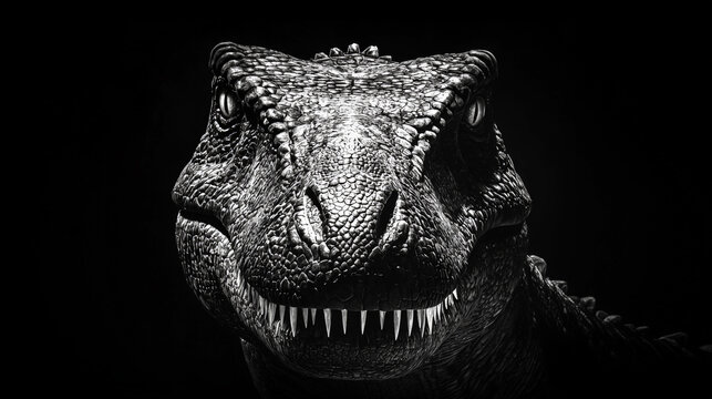 Tyrant in Shadows: A Monochrome T-Rex Portrait. Generative AI