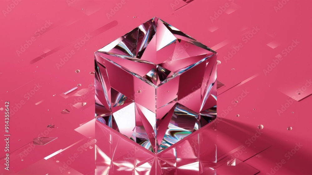 Poster elegant modern 3d rendering of crystal cube structure with pink background featuring geometry refrac
