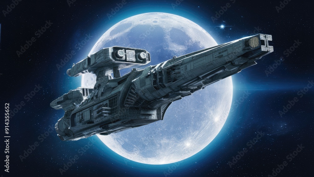 Aufkleber futuristic 3d spaceship model with a celestial moon background