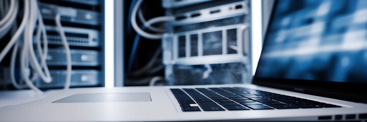 laptop on server room, upgrade technology or data storage solutions, Server room data center..