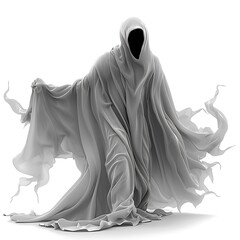 Naklejka premium Ghostly Figure in a White Robe with a Hood, Isolated on White Background
