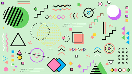 Modern abstract background with memphis elements on green background