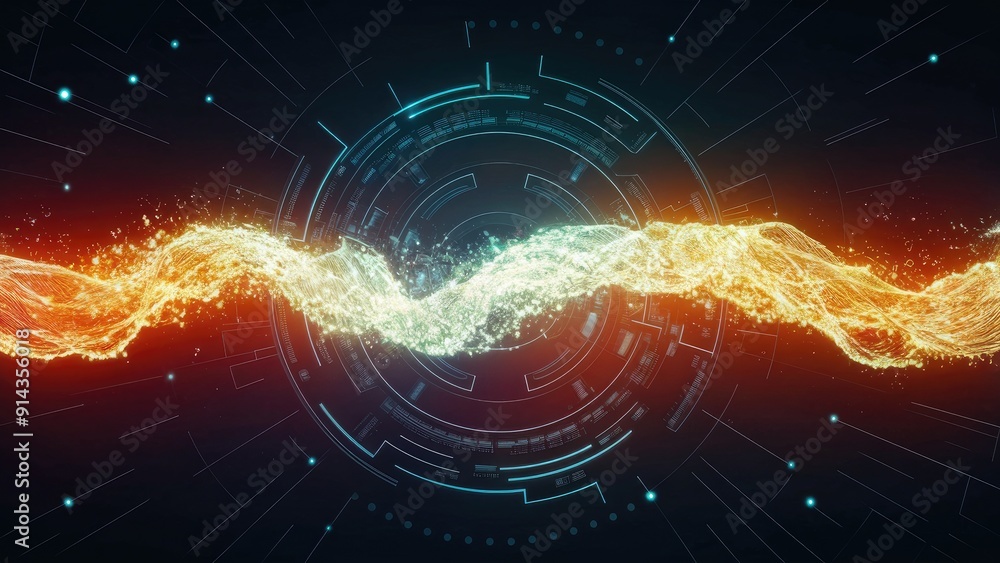 Aufkleber glowing particle wave on dark background illustrating connectivity and technology concepts 3d render