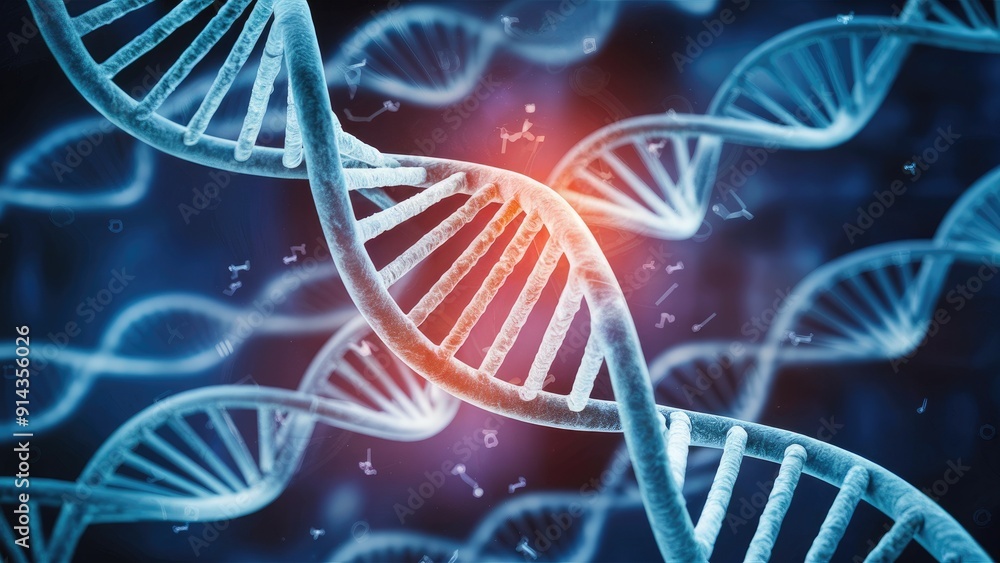 Poster dynamic blue environment featuring a dna double helix with sparkling nodes symbolizing genomic seque